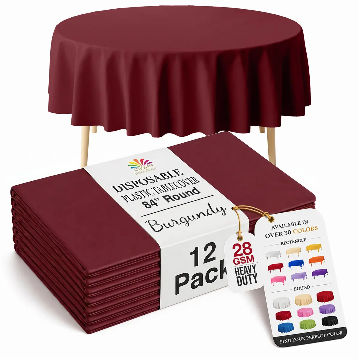 Exquisite 12-Pack Premium Plastic Round Tablecloth 84-inch Burgundy | Classic Modern Style - main product image