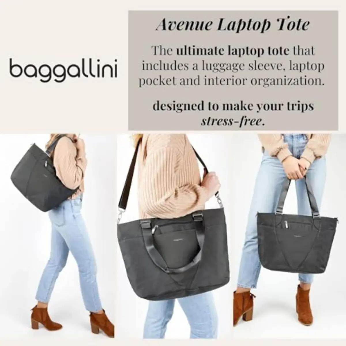 Baggallini Avenue Tote - 12x18 Laptop Tote Bag for Women, 31.6cm x 45.7cm x 13.2cm (12"H x 18"W x 5.5"D) | Water-Resistant Carry-On Bag - view 3