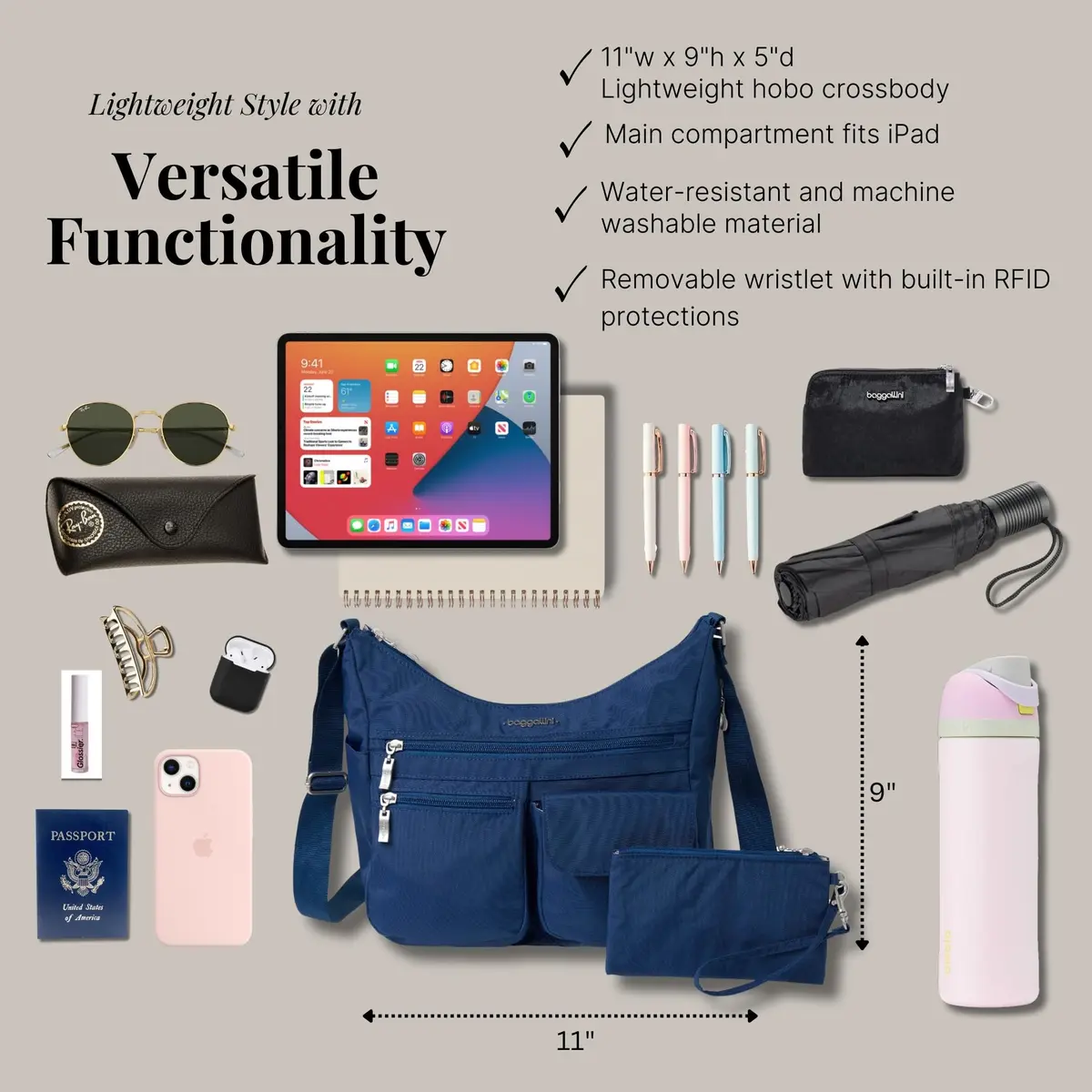 Baggallini Everywhere Bagg Hobo Crossbody Bag 25.5cm (10 inches) | Water-Resistant Travel Bag with RFID Wristlet - view 5