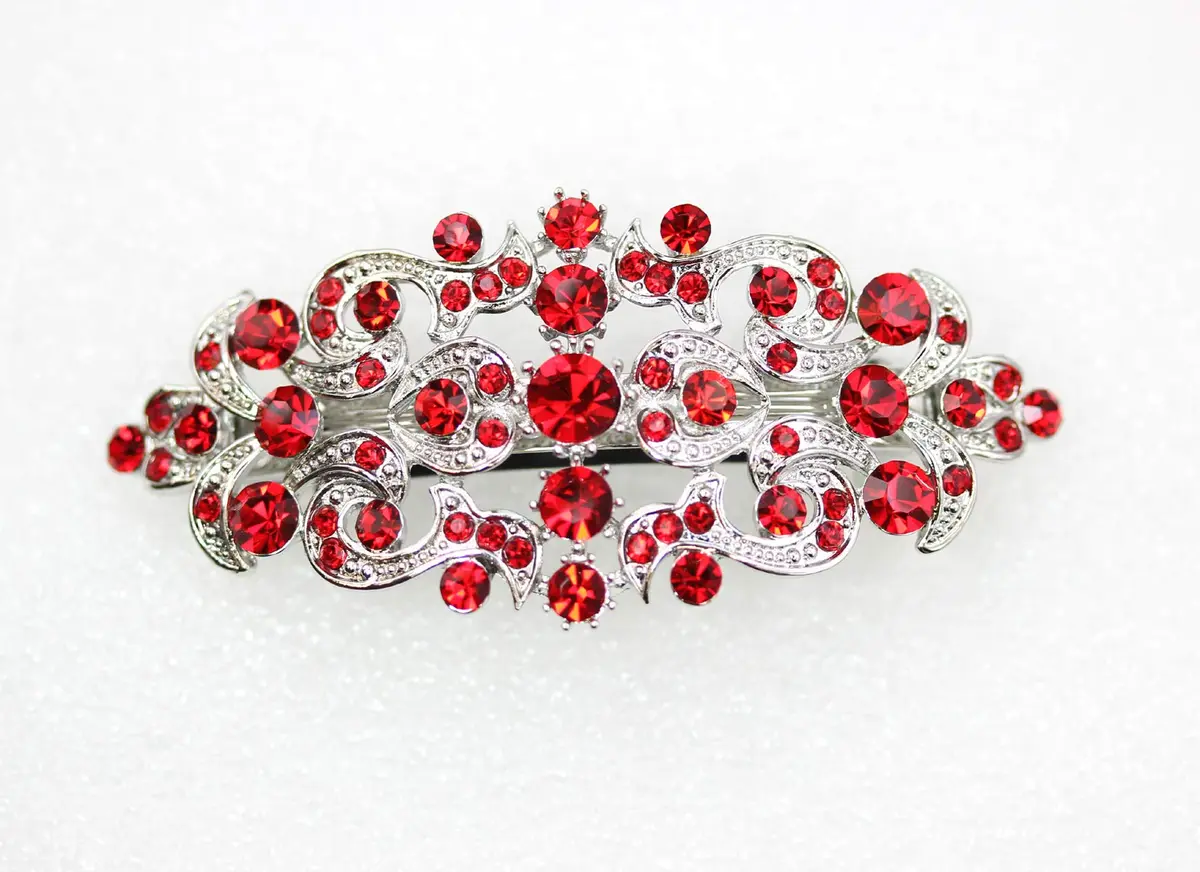 Faship Gorgeous Red Crystal Floral Hair Barrette Clip | Elegant Bridal Hair Accessory (70-120 chars) - view 3