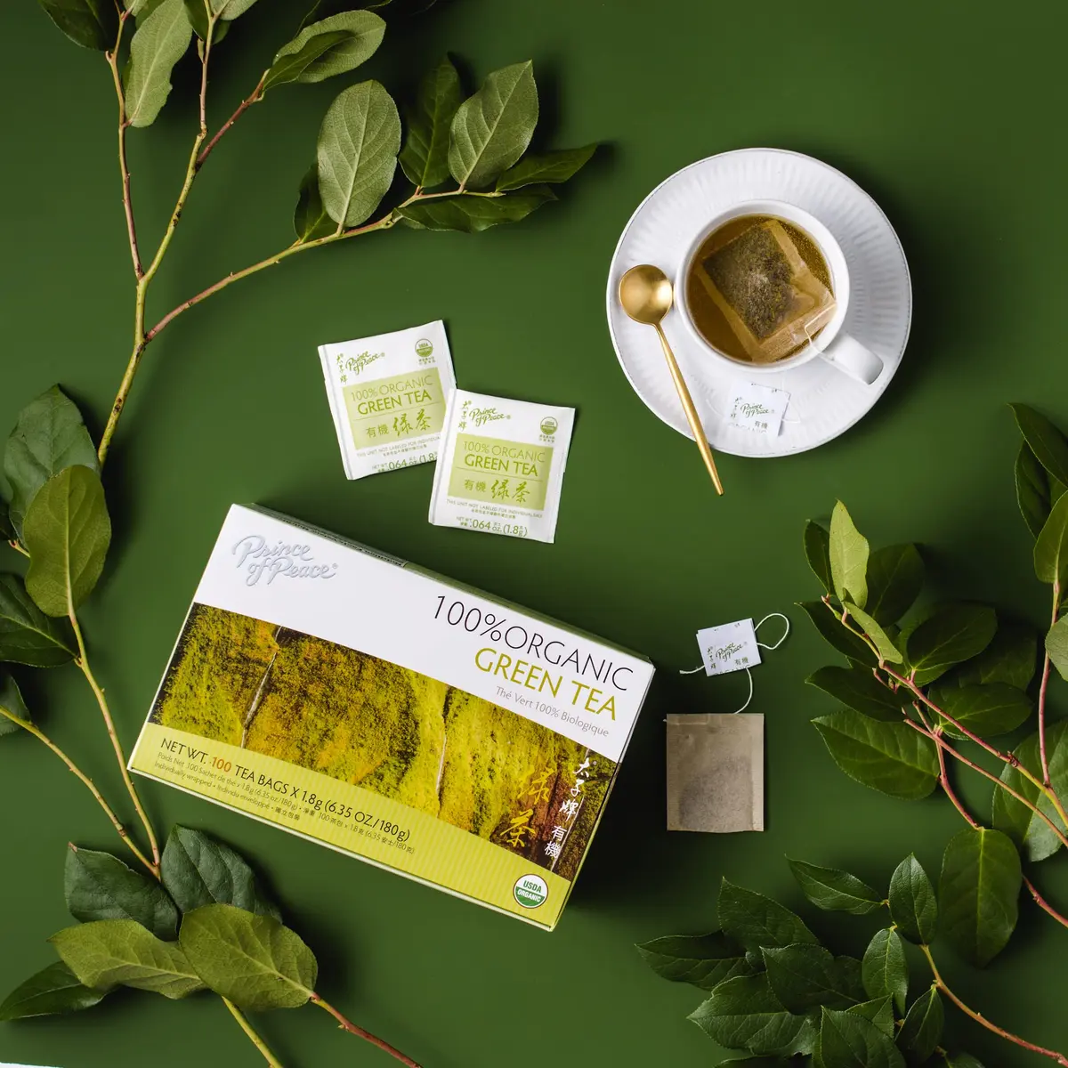 Prince Of Peace Organic Green Tea 100 Tea Bags | Unsweetened, Lower Caffeine, Organic & Herbal Benefits - view 2