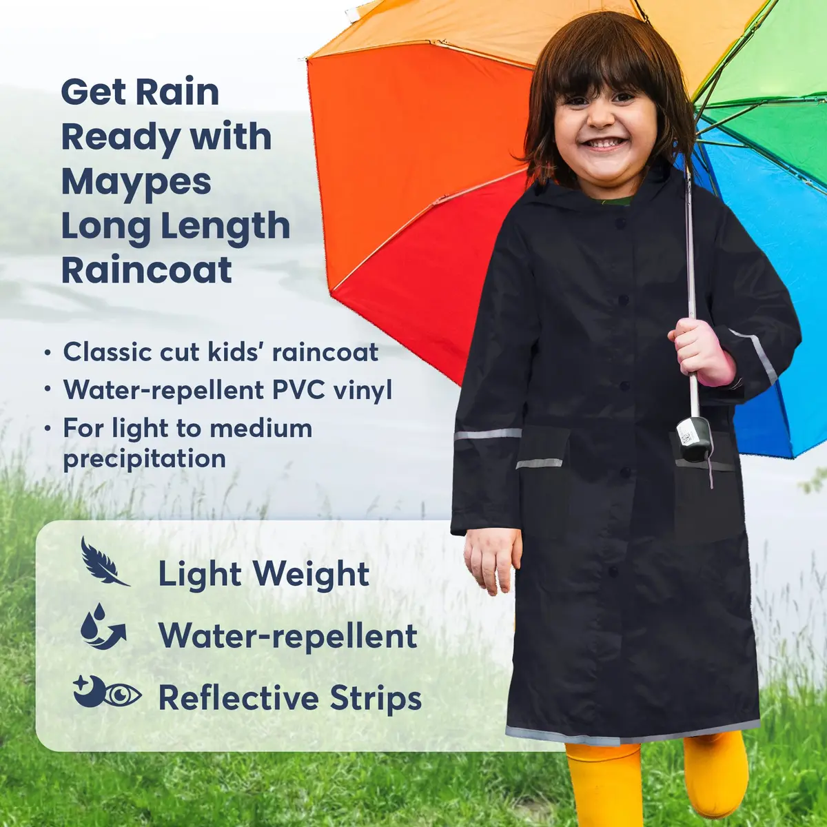 Maypes Kids Raincoat with Reflector - Unisex Vinyl Rain Jacket Water Resistant for Kids of All Ages - view 2