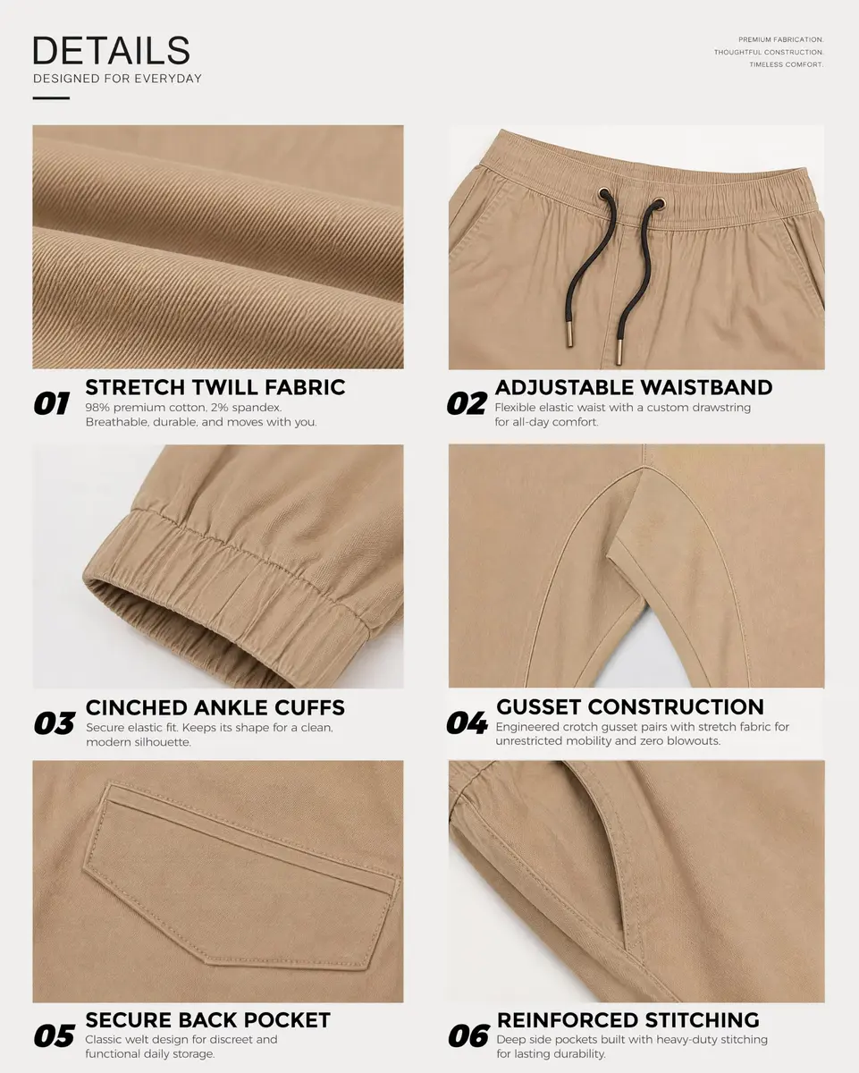 ITALYMORN Men's Stretch Chino Joggers XL Khaki | Slim Casual Pants with Flex & Authentic Cotton - view 6