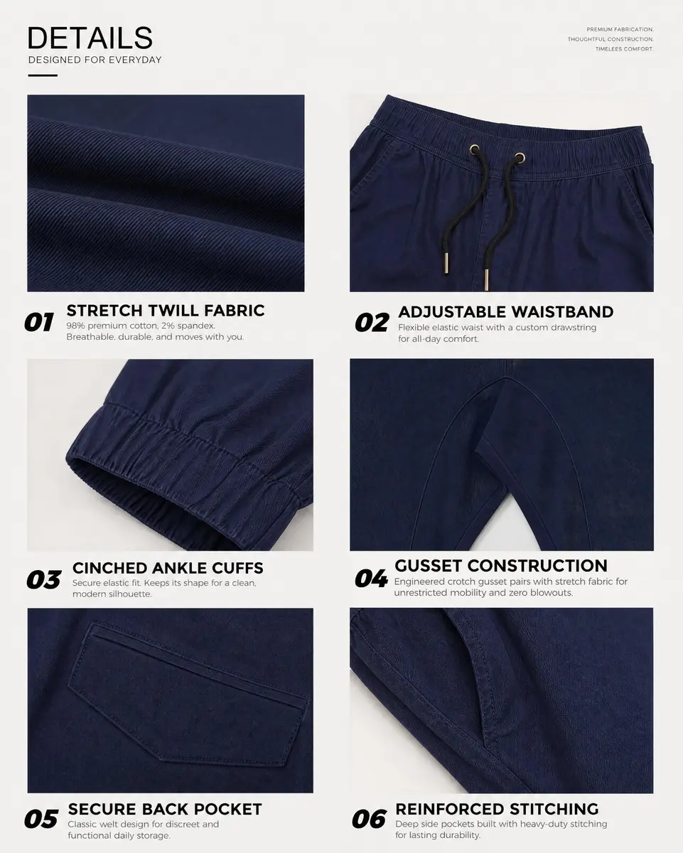 ITALYMORN Men's Stretch Chino Joggers, Slim Casual Pants - L, Navy Blue | Premium Cotton Blend with Stretch for All-Day Comfort - view 4