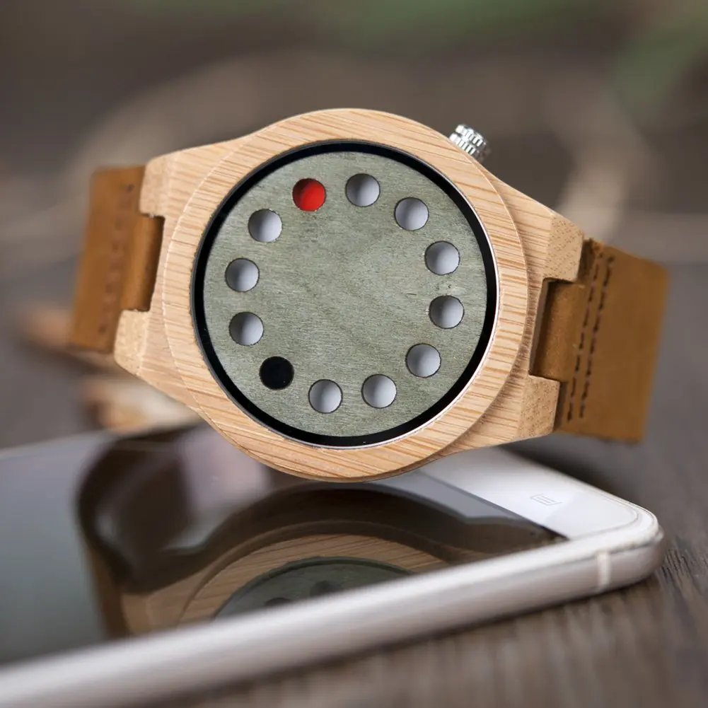 BOBO BIRD Men's Bamboo Wood Watch 45mm Analog Quartz with Genuine Leather Strap | Unique Design for Men - view 3