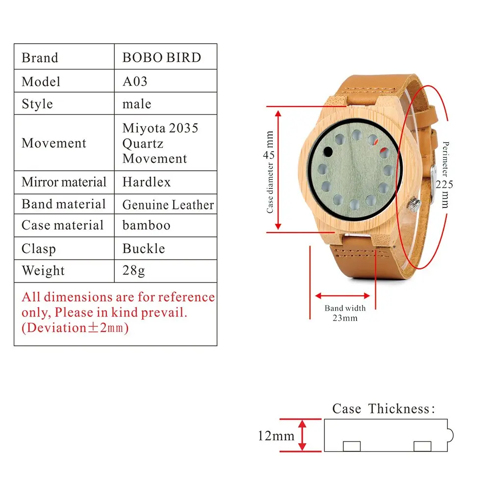 BOBO BIRD Men's Bamboo Wood Watch 45mm Analog Quartz with Genuine Leather Strap | Unique Design for Men - view 2
