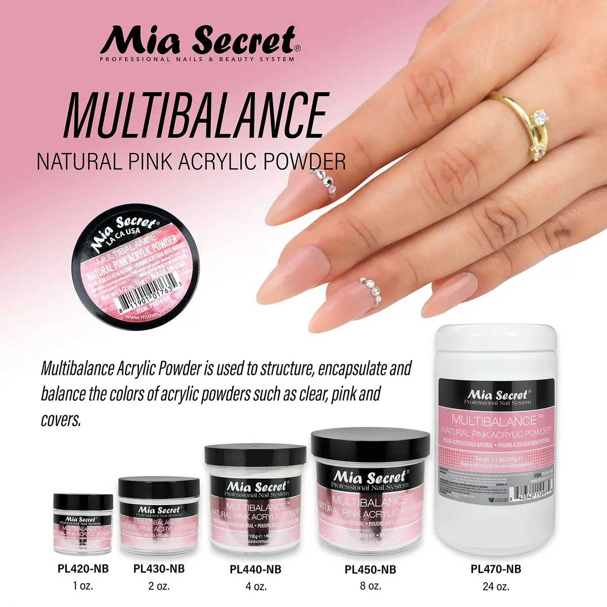 Mia Secret Multibalance Natural Pink Acrylic Powder 2 Oz | Salon-Quality Nail Art - view 5