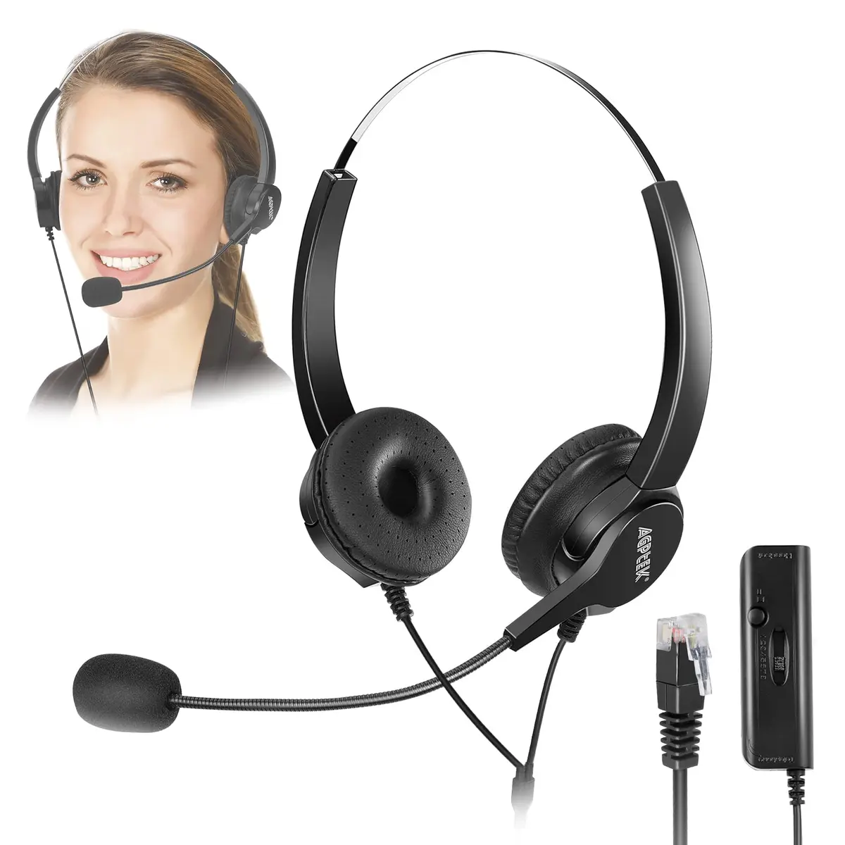 AGPTEK Noise Cancelling Corded Monaural Headset with Flexible Mic & RJ9 Connector | 19cm (7.5in) Length - main product image