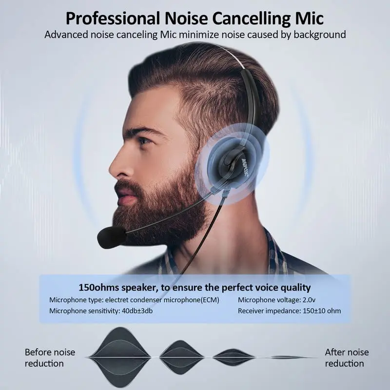 AGPTEK Noise Cancelling Corded Monaural Headset with Flexible Mic & RJ9 Connector | 19cm (7.5in) Length - view 8