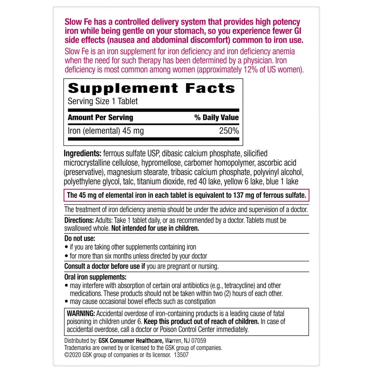 Slow Fe 45mg Iron Supplement Tablets 60 Count | Doctor Recommended for Iron Deficiency - view 7