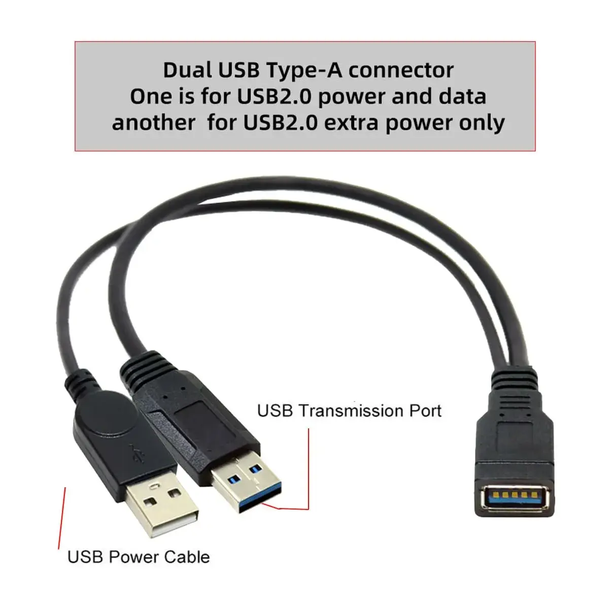cablecc Dual USB 3.0 Male to USB Female Y Cable 20cm (0.65ft) | Extra Power & Data for Hard Drives, Printers, Scanners - view 6