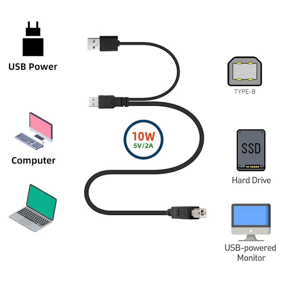 cablecc Dual USB 2.0 Type-A to Type-B Y Cable 60cm (2ft) | Extra Power & Data for External Drives - view 6