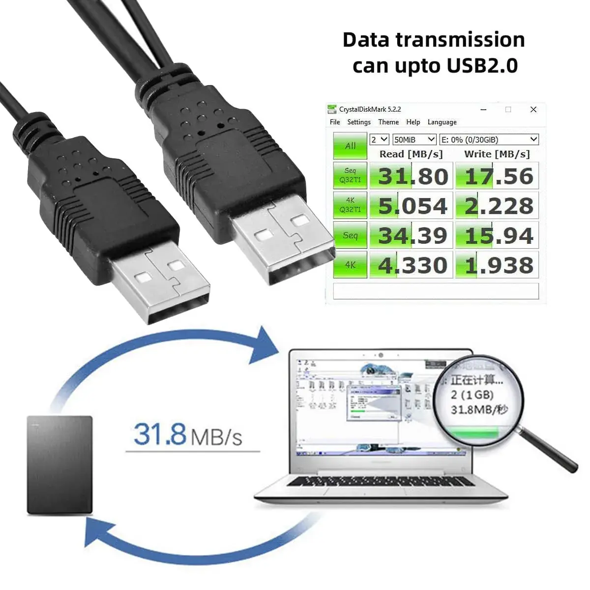 cablecc Dual USB 2.0 Type-A to Type-B Y Cable 60cm (2ft) | Extra Power & Data for External Drives - view 2