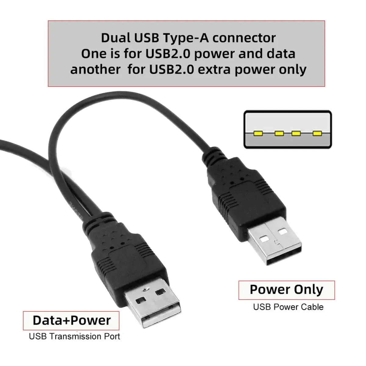 cablecc Dual USB 2.0 Type-A to Type-B Y Cable 60cm (2ft) | Extra Power & Data for External Drives - view 4