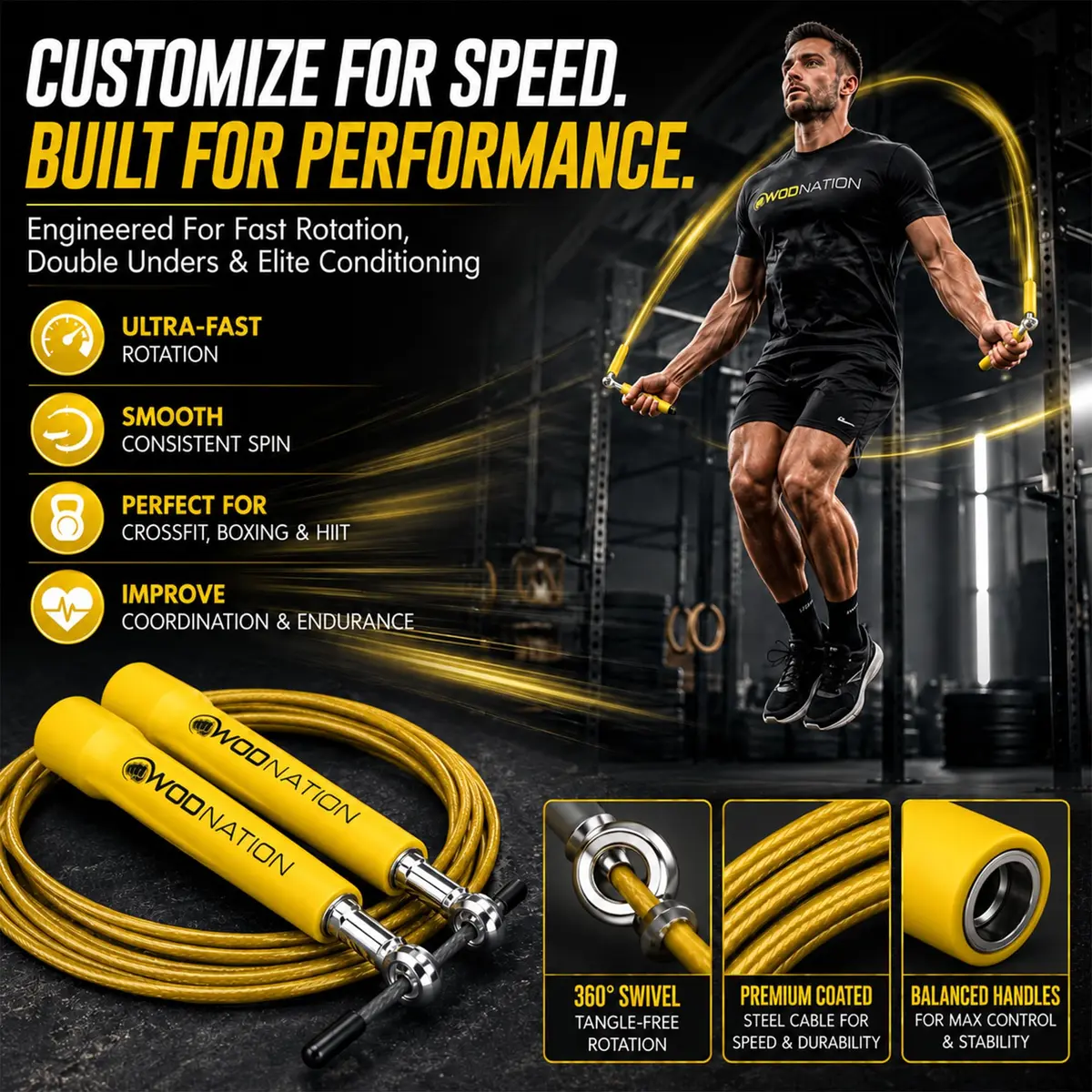 WOD Nation Adjustable Speed Jump Rope - Yellow, Alloy Steel, Adjustable Length | Full-Body Cardio Fitness - view 5
