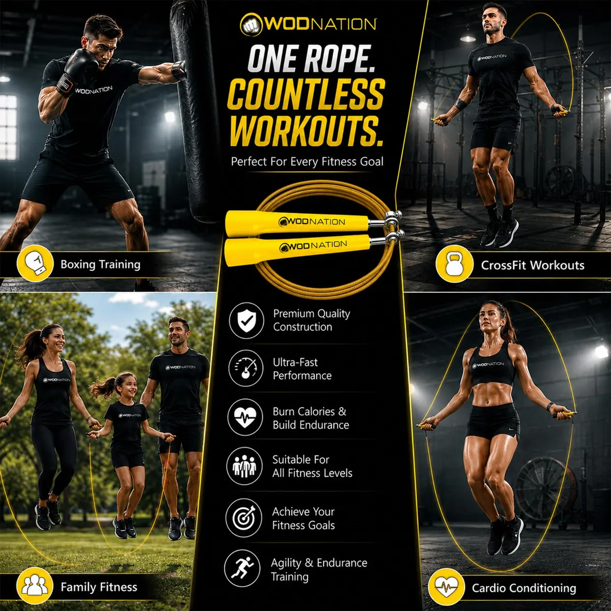 WOD Nation Adjustable Speed Jump Rope - Yellow, Alloy Steel, Adjustable Length | Full-Body Cardio Fitness - view 6