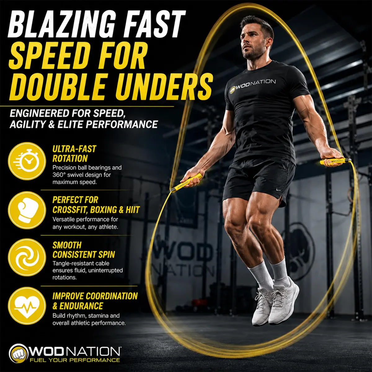 WOD Nation Adjustable Speed Jump Rope - Yellow, Alloy Steel, Adjustable Length | Full-Body Cardio Fitness - view 2