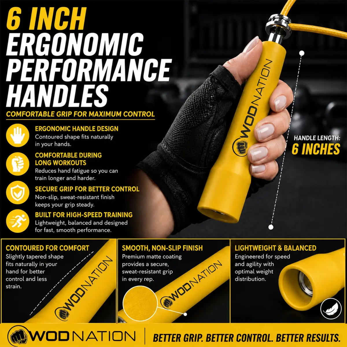 WOD Nation Adjustable Speed Jump Rope - Yellow, Alloy Steel, Adjustable Length | Full-Body Cardio Fitness - view 3
