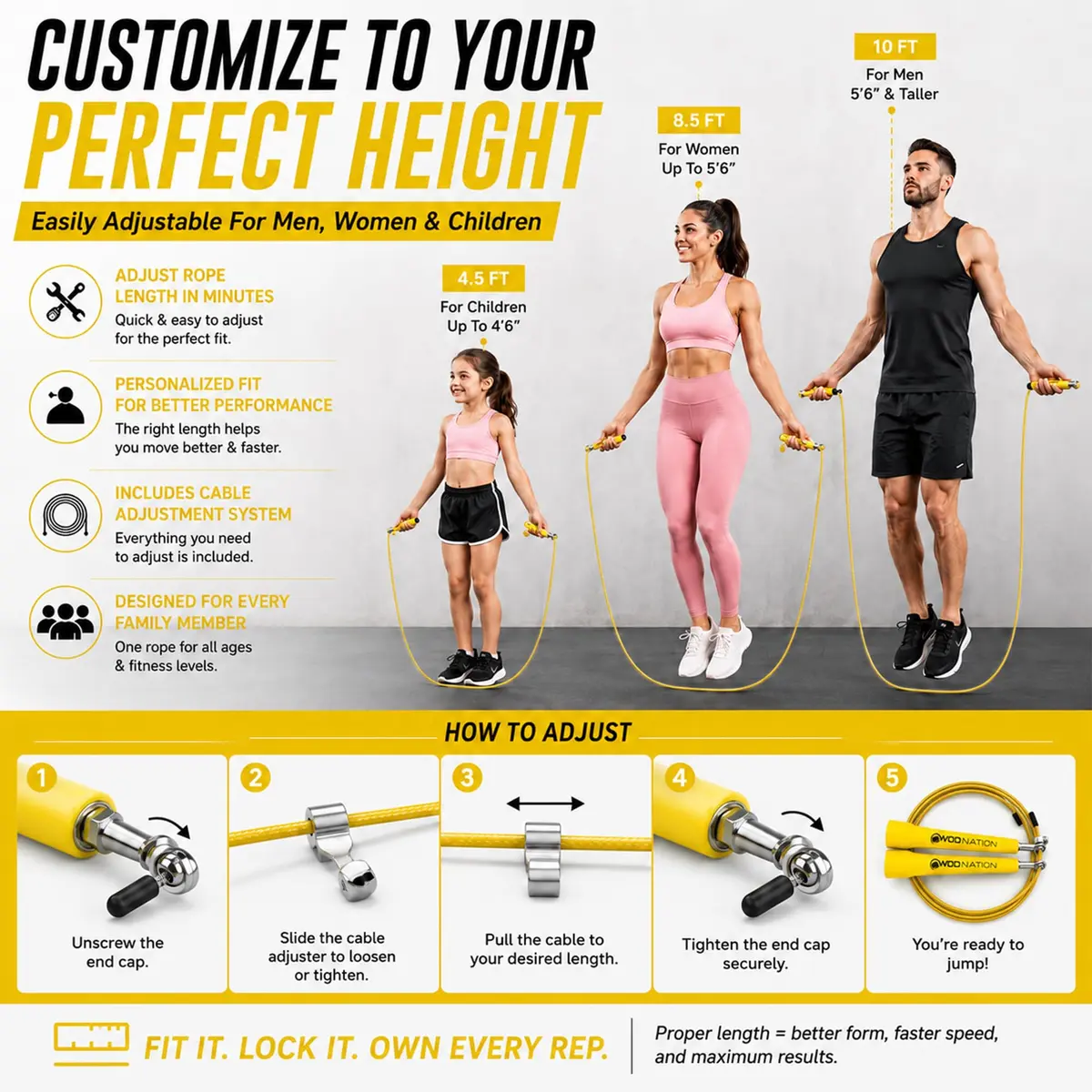 WOD Nation Adjustable Speed Jump Rope - Yellow, Alloy Steel, Adjustable Length | Full-Body Cardio Fitness - view 4