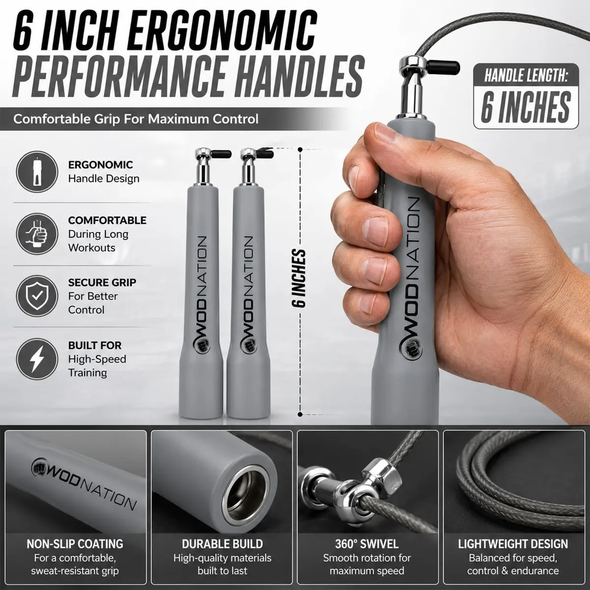 WOD Nation Adjustable Speed Jump Rope - Grey | Classic Fitness Equipment for Men, Women & Kids - view 5
