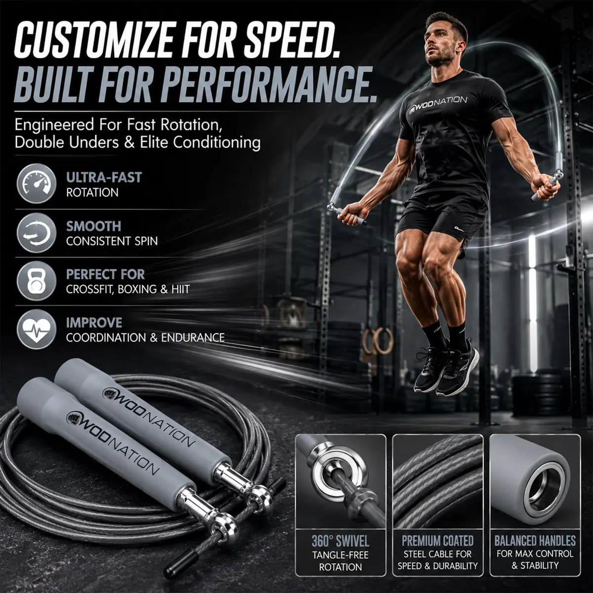 WOD Nation Adjustable Speed Jump Rope - Grey | Classic Fitness Equipment for Men, Women & Kids - view 2