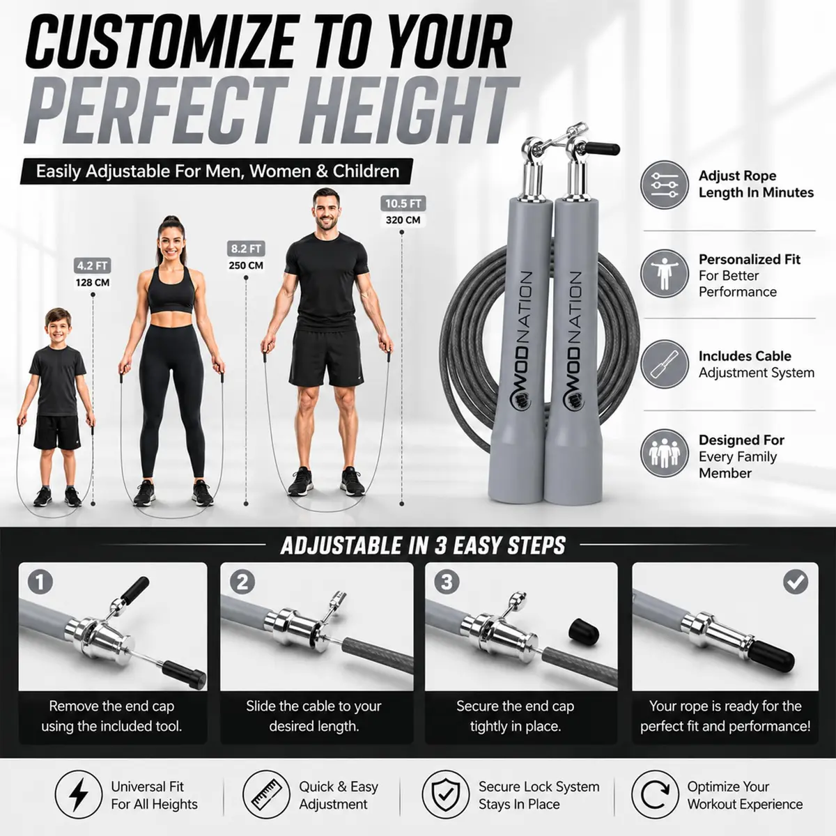 WOD Nation Adjustable Speed Jump Rope - Grey | Classic Fitness Equipment for Men, Women & Kids - view 4