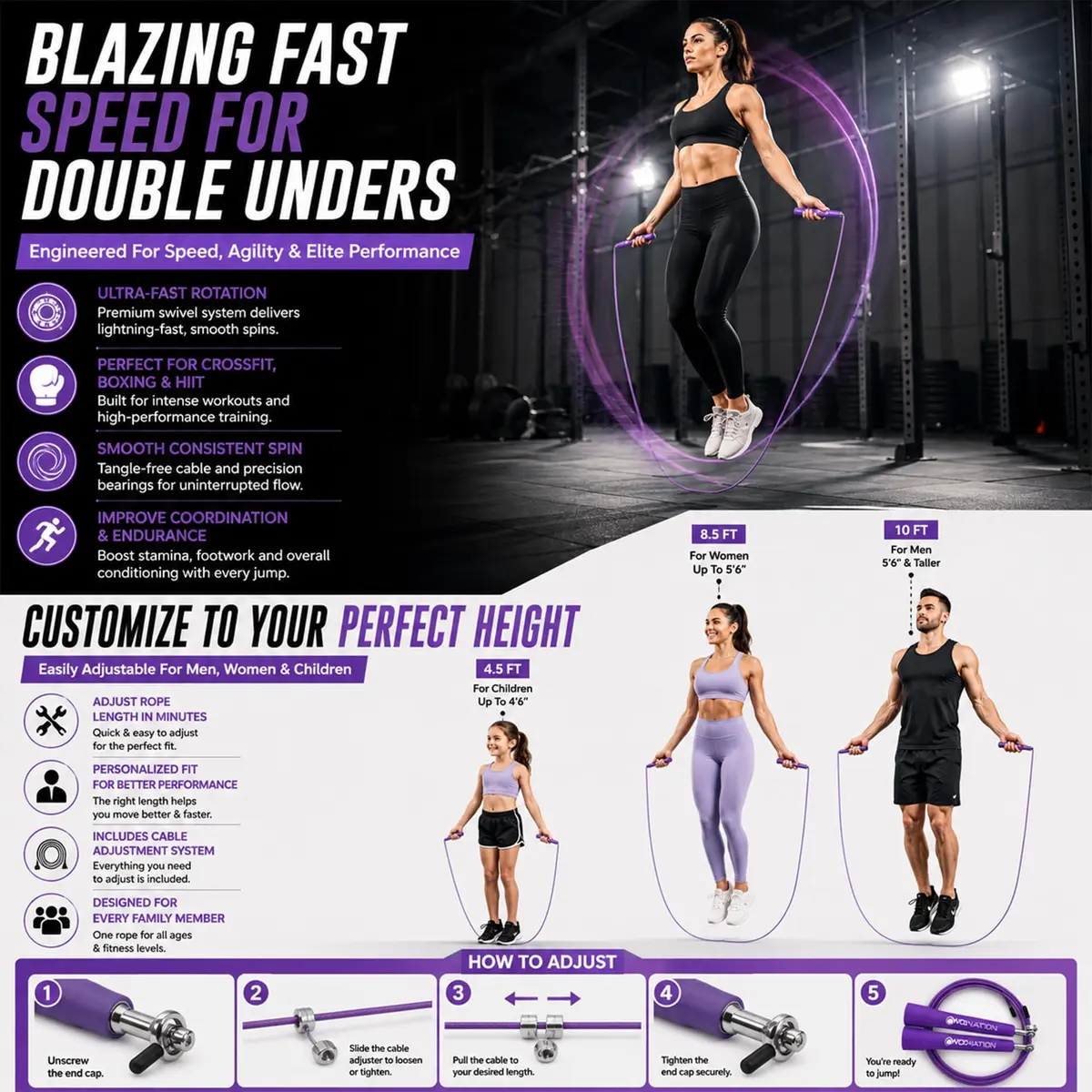 WOD Nation Adjustable Speed Jump Rope - Purple, Adjustable Length | Home Gym & Cardio Equipment for Men, Women & Kids - view 5
