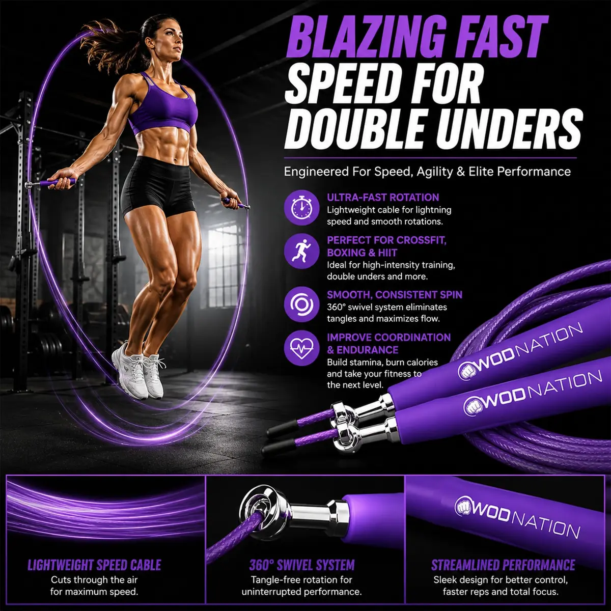 WOD Nation Adjustable Speed Jump Rope - Purple, Adjustable Length | Home Gym & Cardio Equipment for Men, Women & Kids - view 2