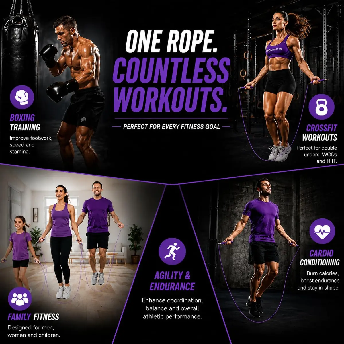 WOD Nation Adjustable Speed Jump Rope - Purple, Adjustable Length | Home Gym & Cardio Equipment for Men, Women & Kids - view 3