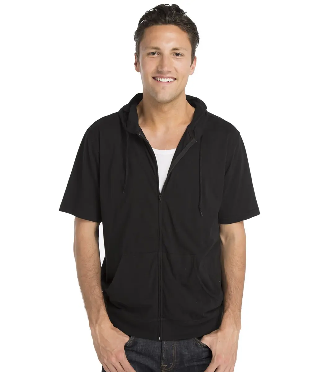 Cottonhood Unisex Short Sleeve Zip Hoodie 65% Cotton, Lightweight Jersey, Black | Slim Fit, Breathable, Casual Style - main product image