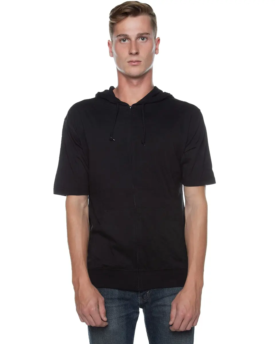 Cottonhood Unisex Short Sleeve Zip Hoodie 65% Cotton, Lightweight Jersey, Black | Slim Fit, Breathable, Casual Style - view 2