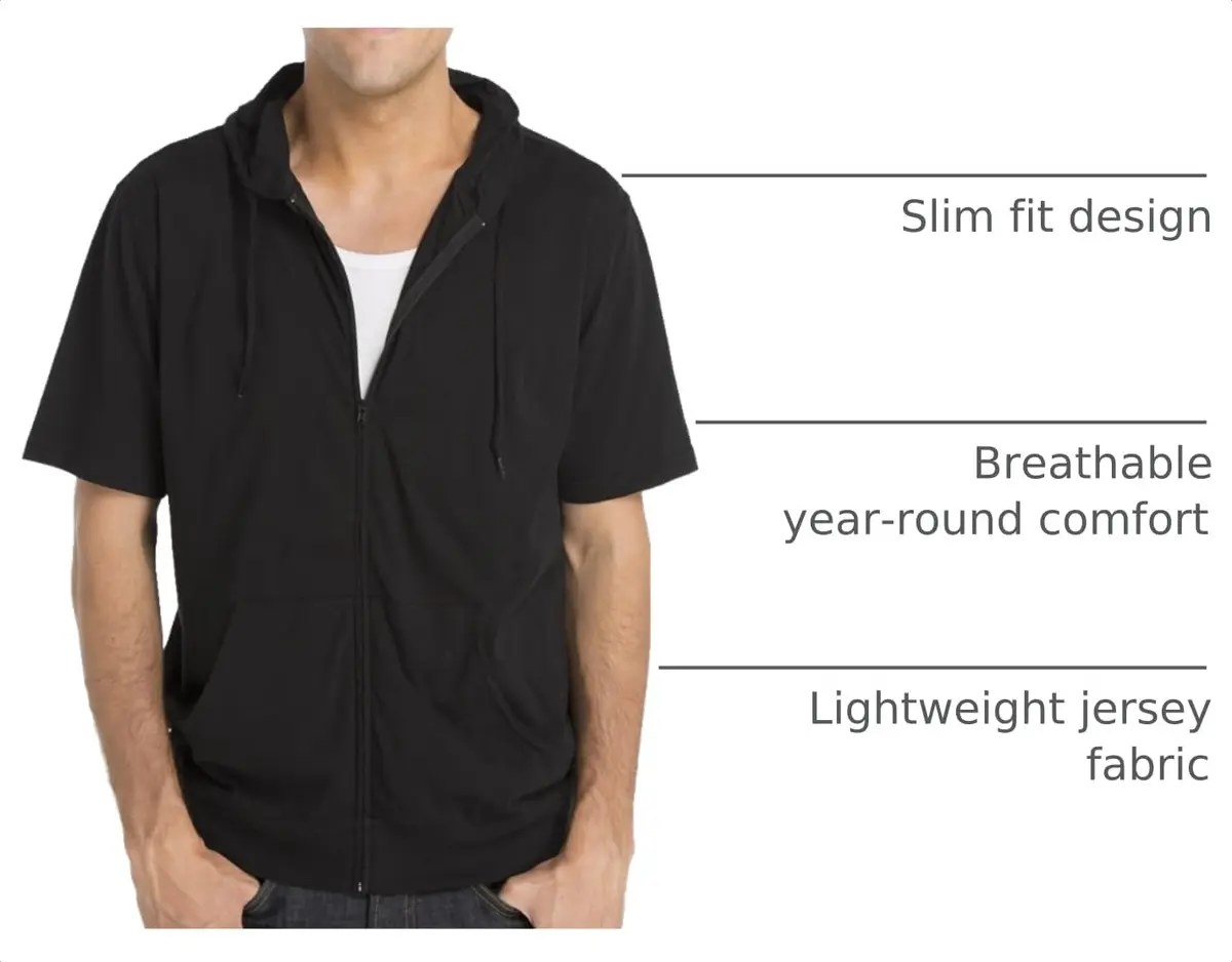 Cottonhood Unisex Short Sleeve Zip Hoodie 65% Cotton, Lightweight Jersey, Black | Slim Fit, Breathable, Casual Style - view 4