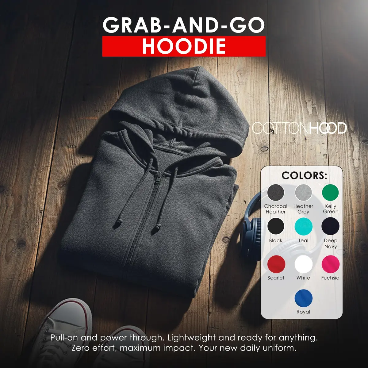Cottonhood Lightweight Jersey Zip Hoodie for Men – Full Zip Casual Cotton Hoodie, Soft Long Sleeve (L, Charcoal Heather, 702) - view 8