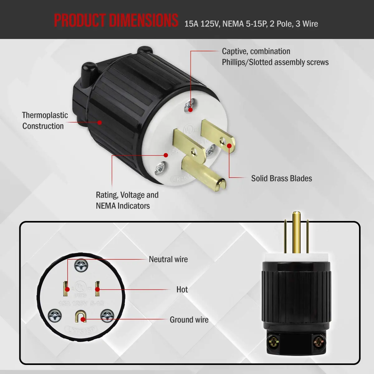 ENERLITES NEMA 5-15P Straight Blade Plug 15A 125V | Industrial Grade Heavy Duty UL Listed - view 3