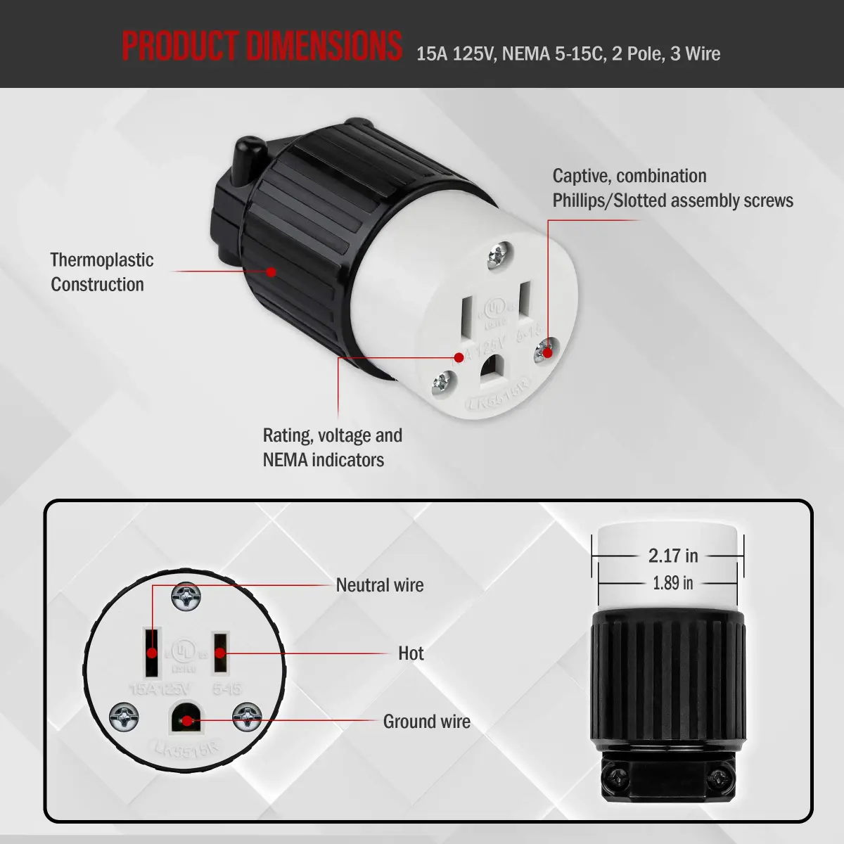 ENERLITES NEMA 5-15R Straight Blade Connector, Female Cord Ends, Black | Industrial Grade 15A 125V UL Listed - view 3