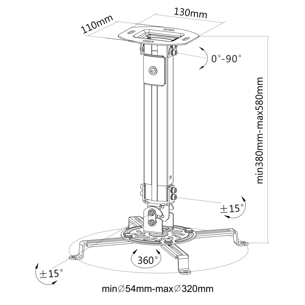 VIVO Universal Extending Ceiling Projector Mount, White, 23" (58.4 cm) Drop | Heavy-Duty Steel for Most Projectors - view 6