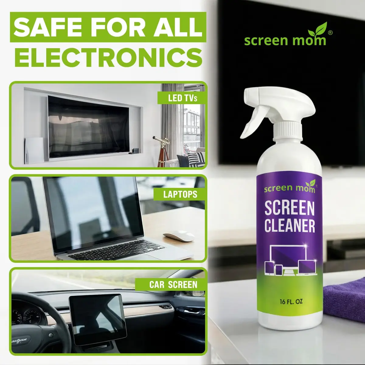 Screen Mom Screen Cleaner Spray 16oz | Streak-Free, Alcohol-Free, Microfiber Cloth - view 2