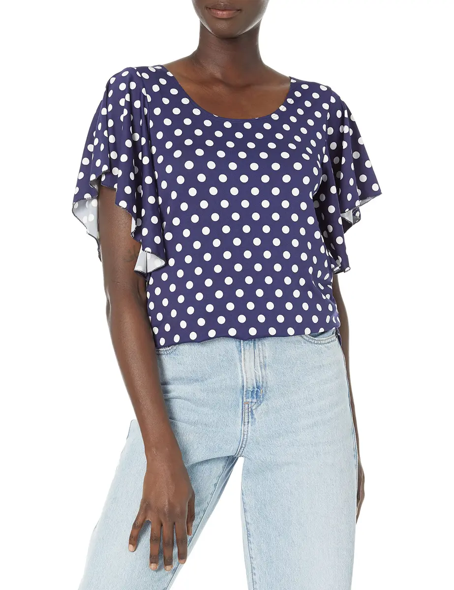 Star Vixen Women's Angel Sleeve Top Navy/White Dot X-Large | Flutter Sleeve Casual Shirt - main product image