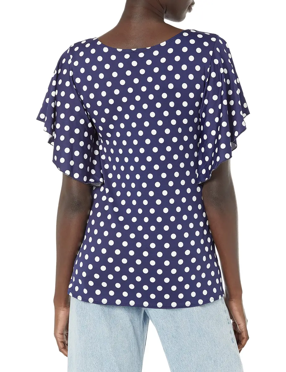 Star Vixen Women's Angel Sleeve Top Navy/White Dot X-Large | Flutter Sleeve Casual Shirt - view 2
