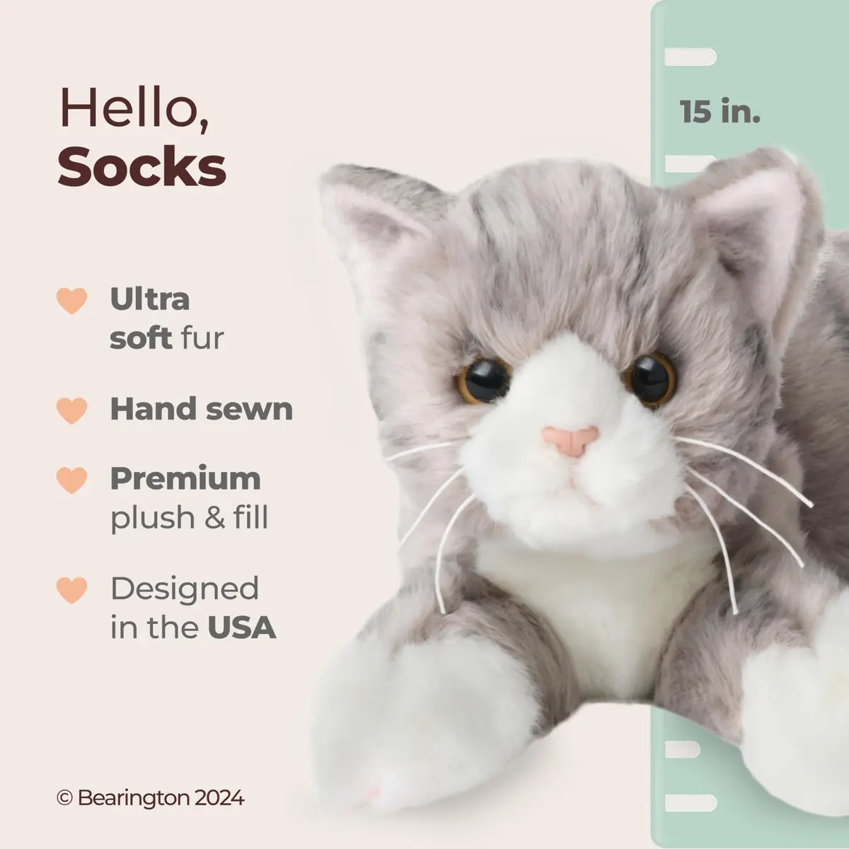 Bearington Collection 15" Realistic Grey Tabby Cat Plush Toy | Ultra-Soft, Handcrafted, Cuddly Companion - view 2