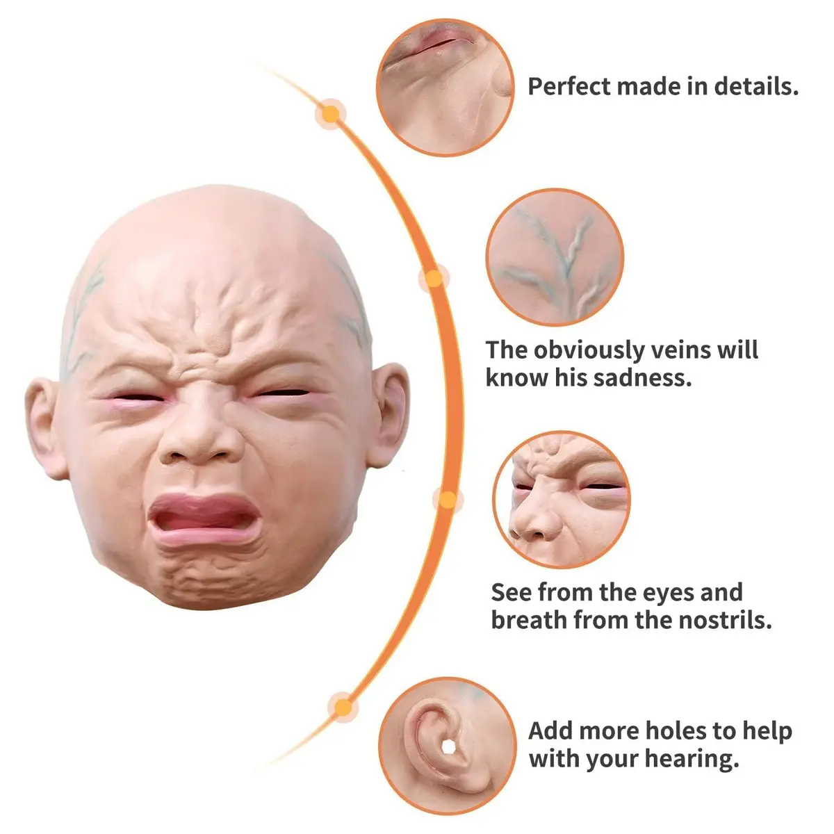 CreepyParty Crying Face Mask for Adults | Natural Latex Full Head Costume Mask for Halloween Parties and Cosplay - view 3