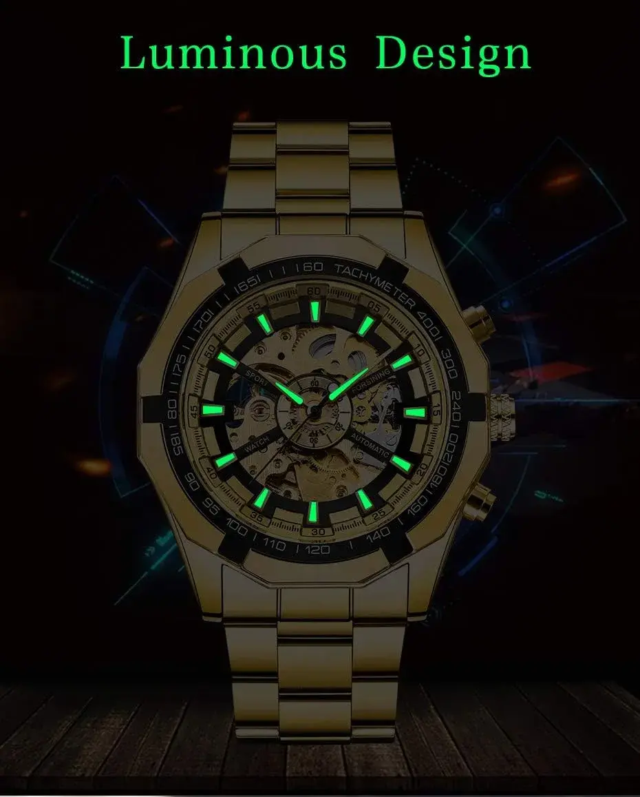 FANMIS Skeleton Automatic Watch for Men | 45mm Gold Stainless Steel - view 5