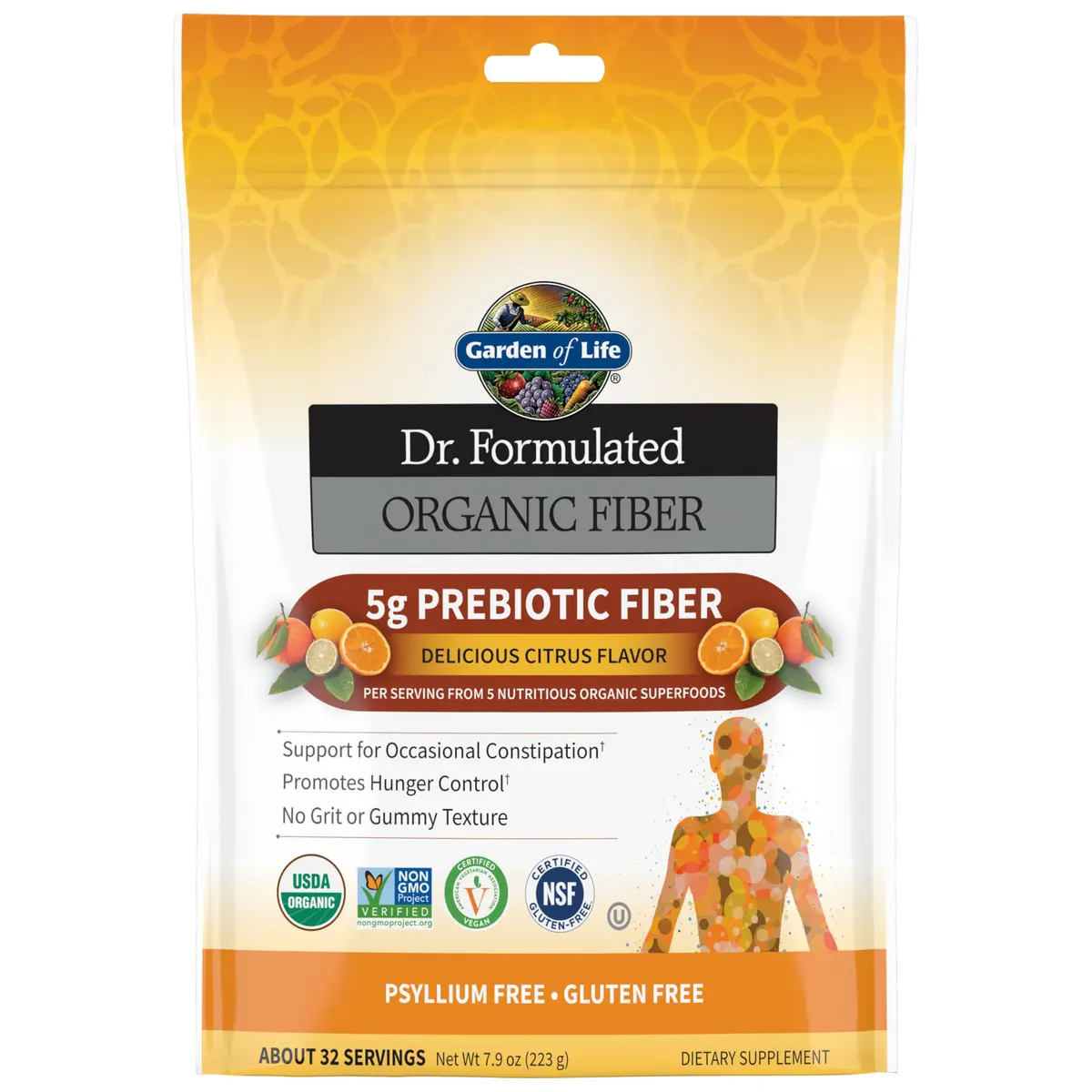 Garden of Life Dr. Formulated Organic Fiber Powder Citrus 7.9oz (224g) | USDA Organic Prebiotic Superfood Fiber Supplement - main product image