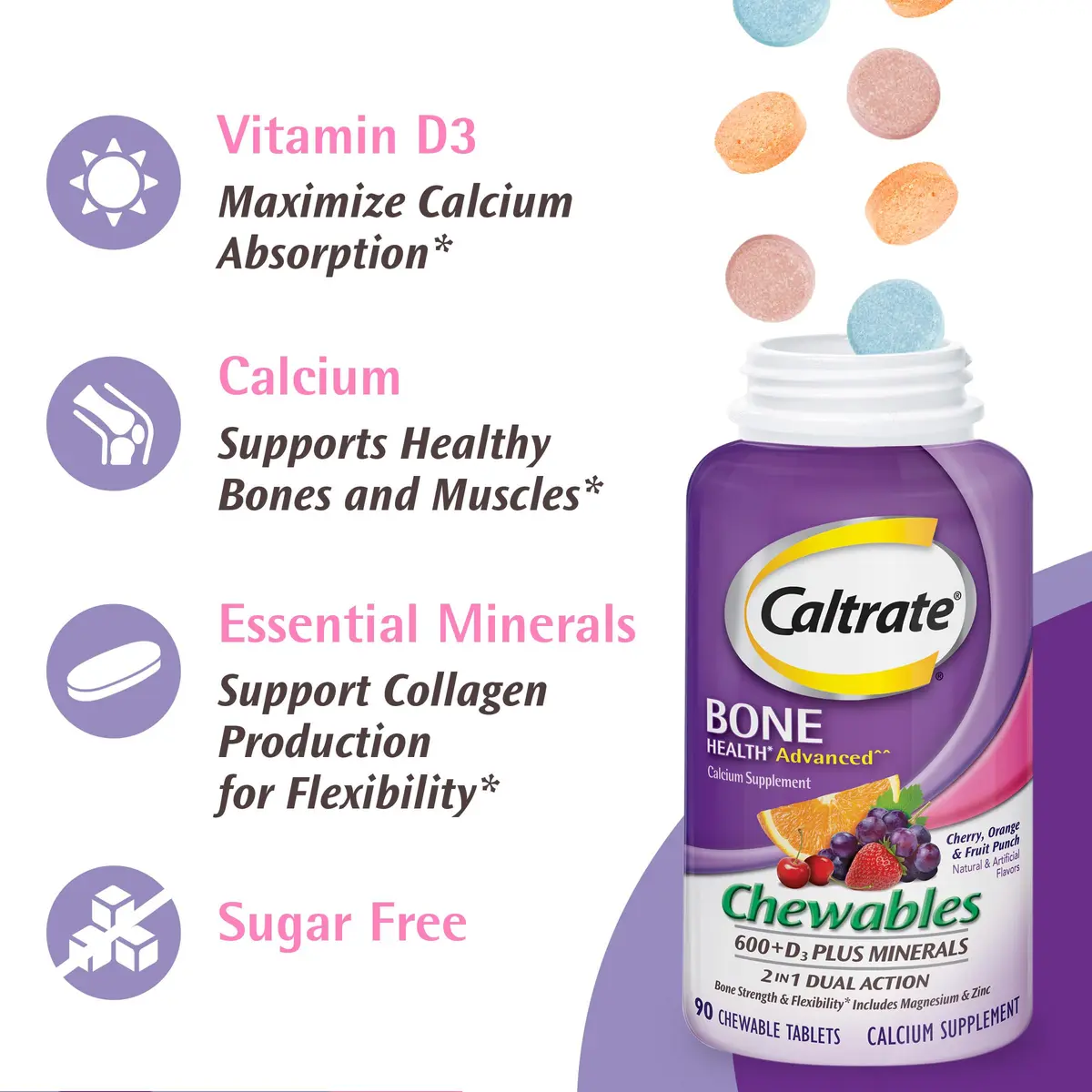 Caltrate Chewables 600 Plus D3 Calcium & Vitamin D Supplement 90 Count | Sugar-Free Bone Support - view 6