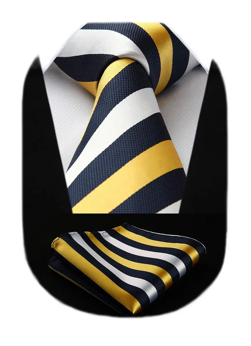 HISDERN Necktie Set 3.4'' Wide Yellow & White Stripe Tie with Pocket Square | Classic Business & Formal Style - main product image