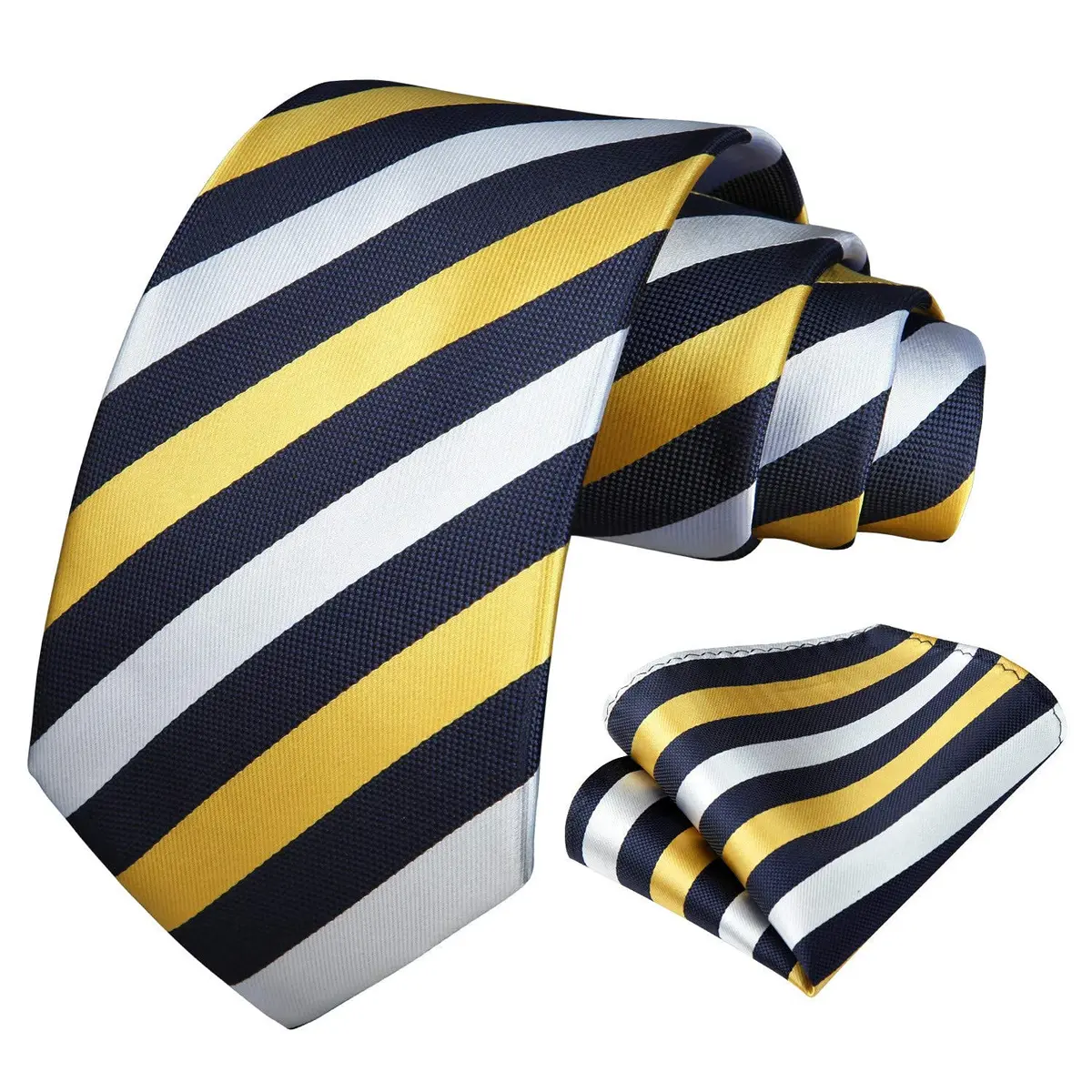 HISDERN Necktie Set 3.4'' Wide Yellow & White Stripe Tie with Pocket Square | Classic Business & Formal Style - view 2