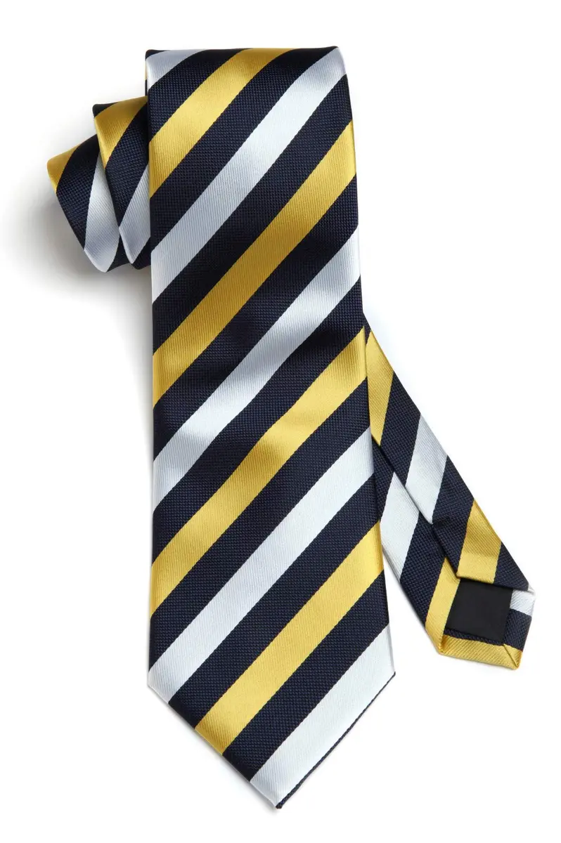 HISDERN Necktie Set 3.4'' Wide Yellow & White Stripe Tie with Pocket Square | Classic Business & Formal Style - view 3