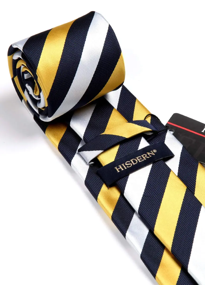 HISDERN Necktie Set 3.4'' Wide Yellow & White Stripe Tie with Pocket Square | Classic Business & Formal Style - view 4