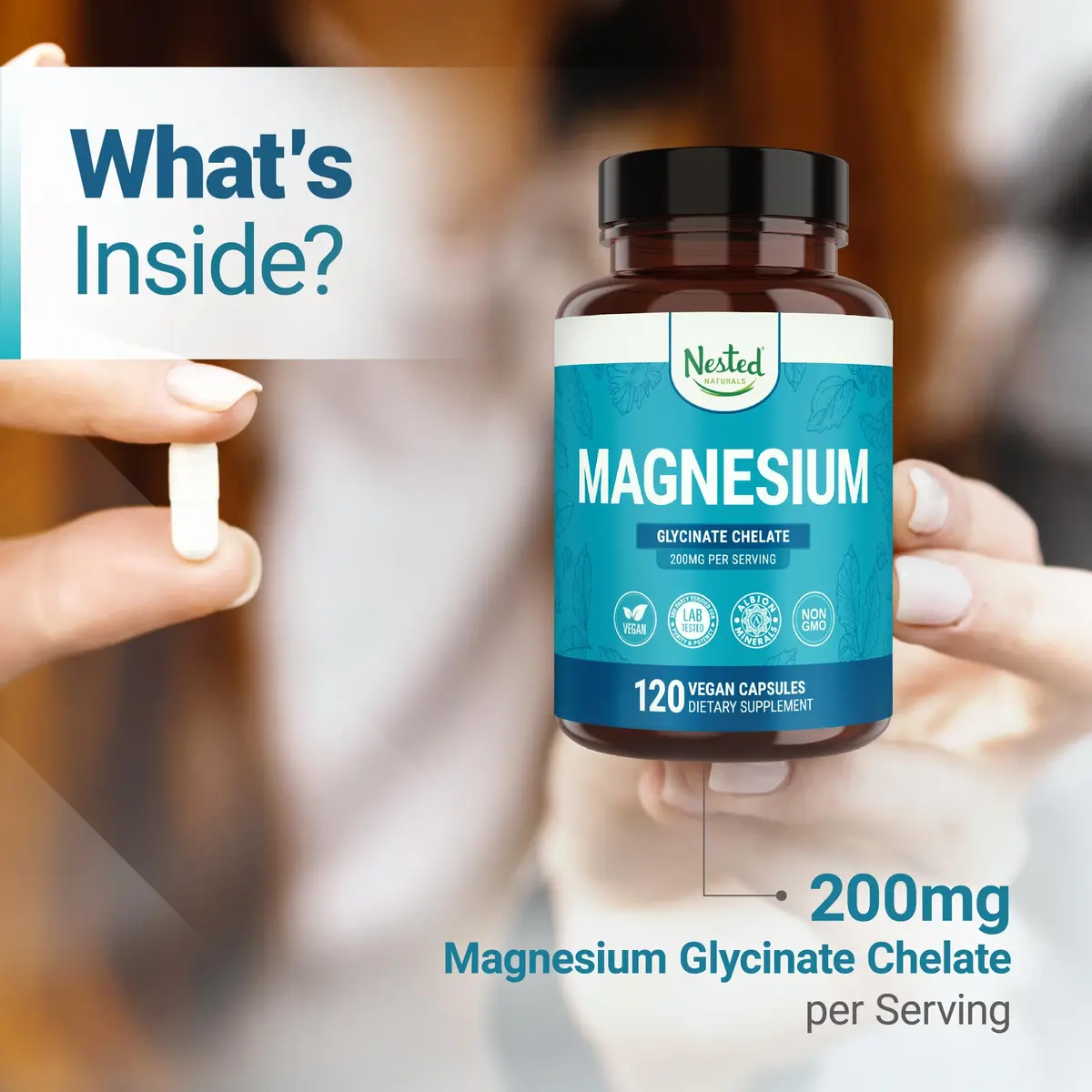 Nested Naturals Magnesium Glycinate Chelate - 200mg Chelated Magnesium Supplement for Muscle Cramps, Relaxation, & Sleep Support - 120 Vegan Capsules - view 4