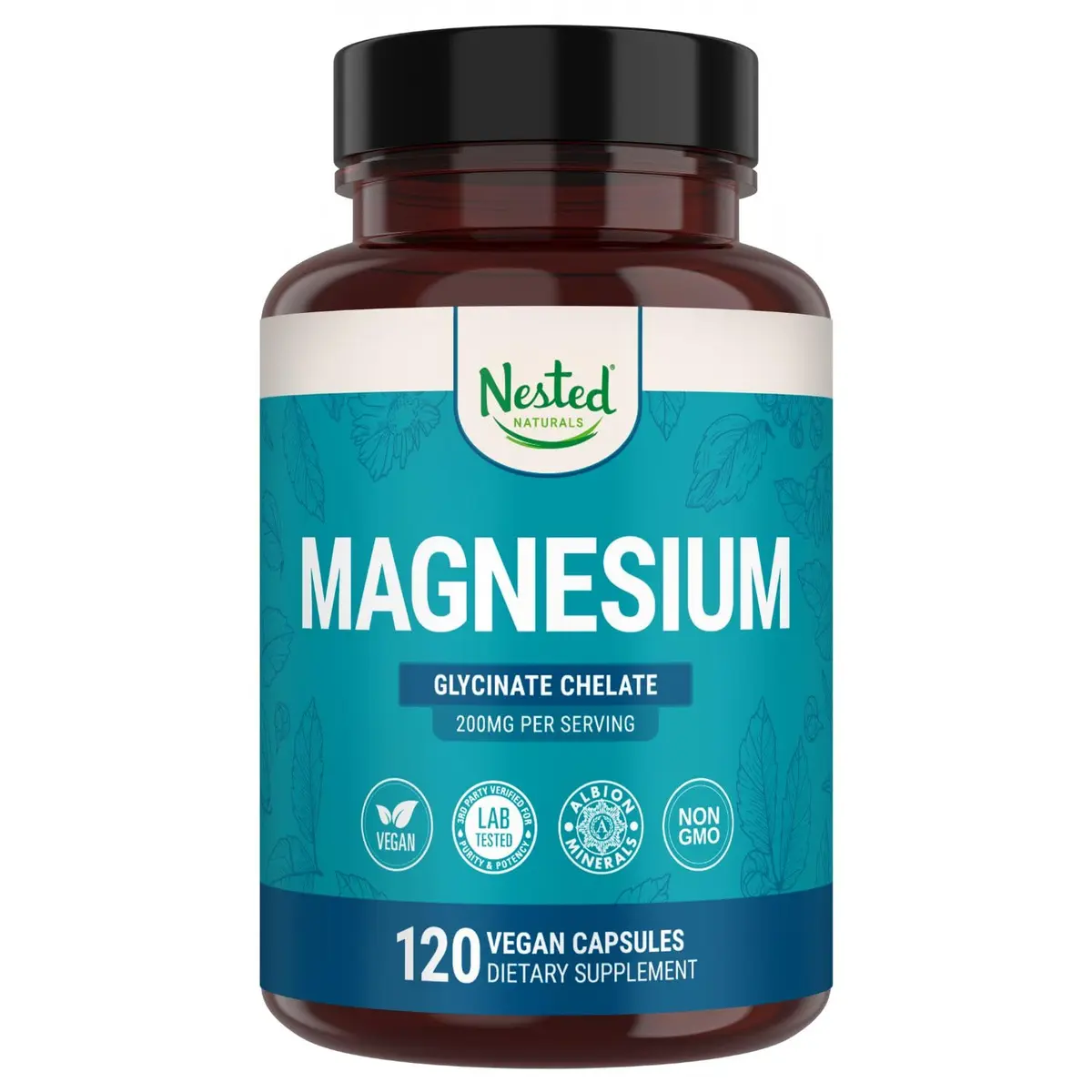 Nested Naturals Magnesium Glycinate Chelate - 200mg Chelated Magnesium Supplement for Muscle Cramps, Relaxation, & Sleep Support - 120 Vegan Capsules - main product image
